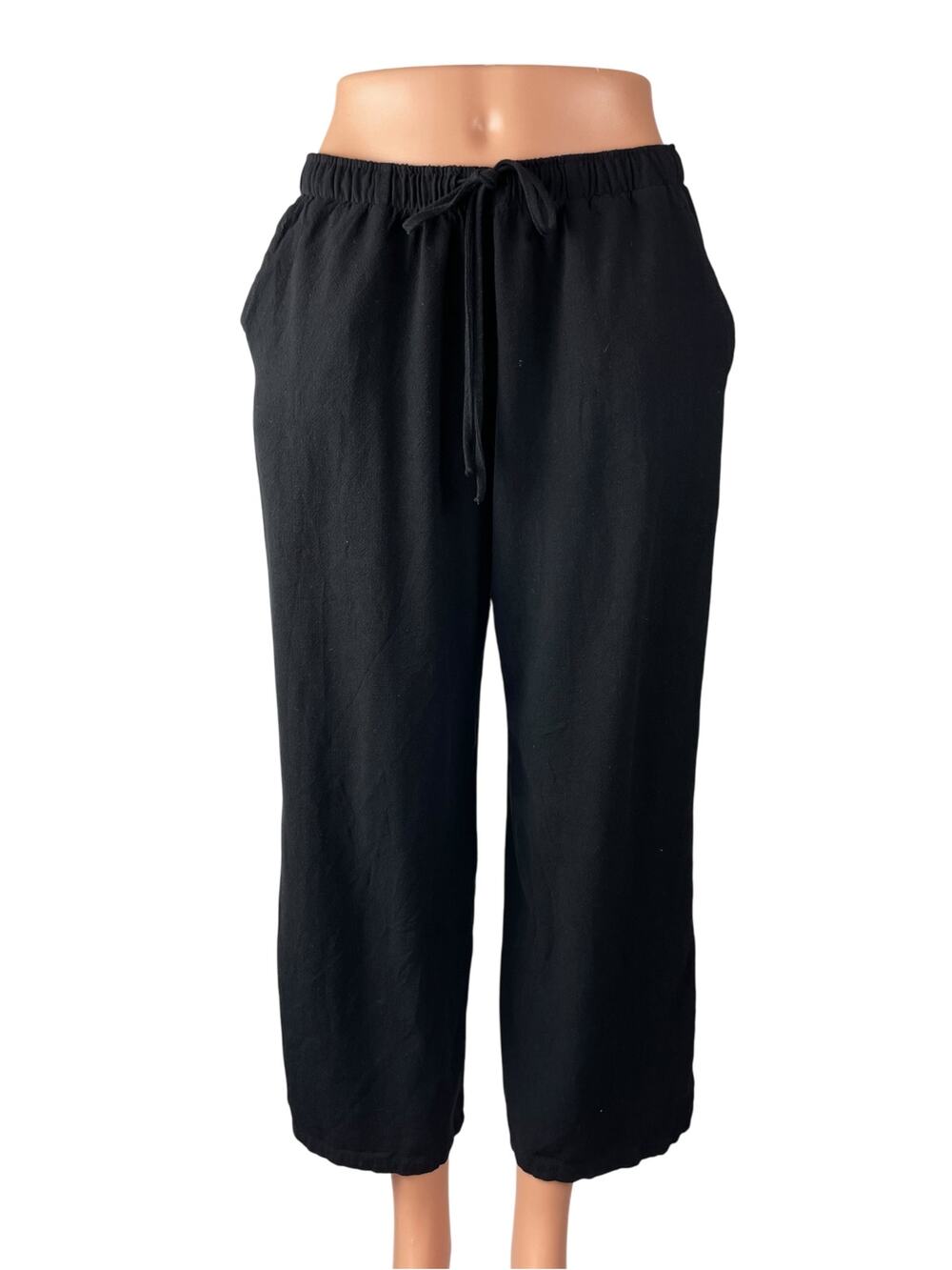Stradivarius Womens Black Linen High Rise Pocket Wide Leg Trousers Pants Size XL